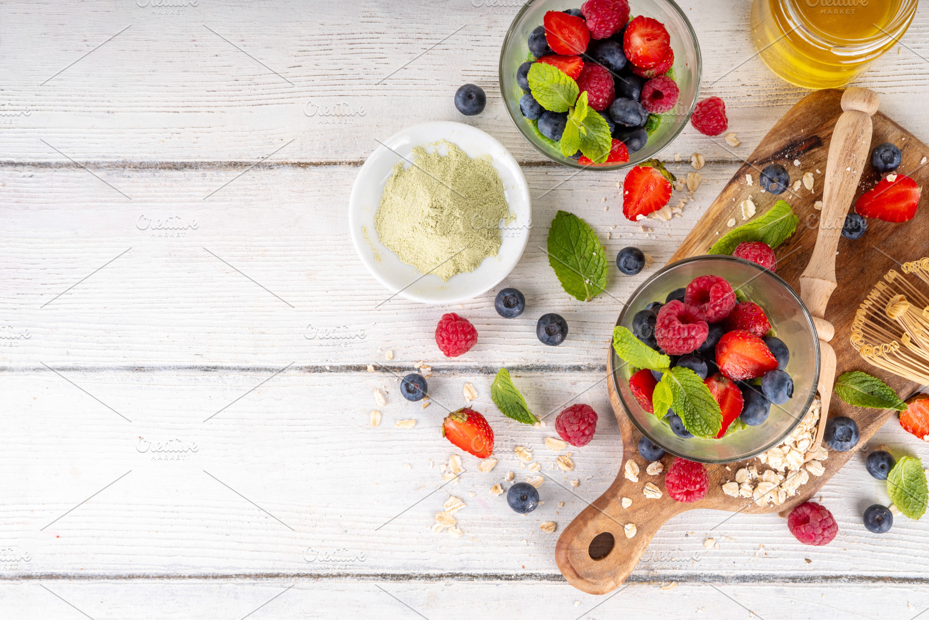 Overnight matcha oatmeal with fresh berries, a Food & Drink Photo by Rimma