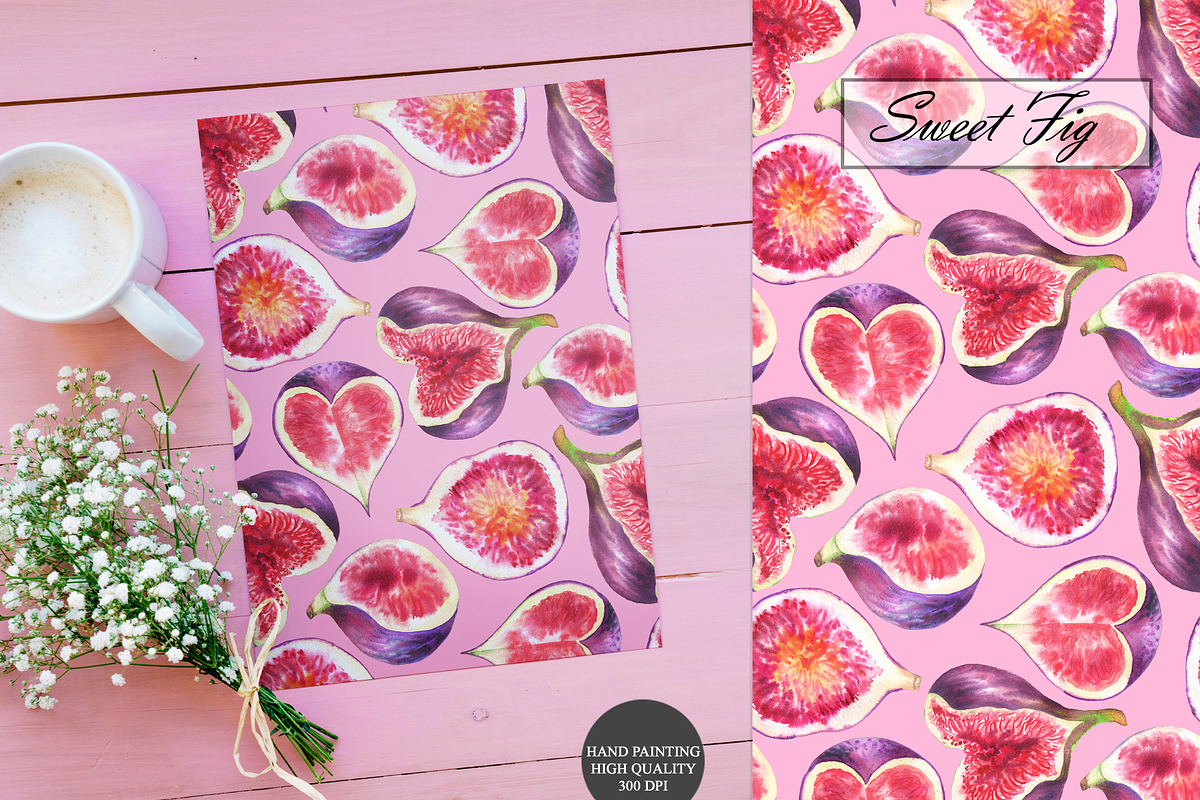 Watercolor Fig Seamless Patterns, a Food Illustration by OlDm_Shop (Photo 7 of 10)