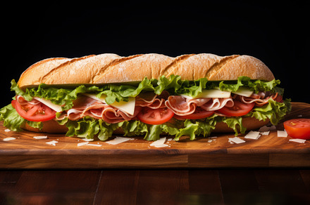 Submarine sandwich with ham, cheese, lettuce, tomatoes,onion on wooden table, a Food & Drink Photo by Natalia Klenova's Shop