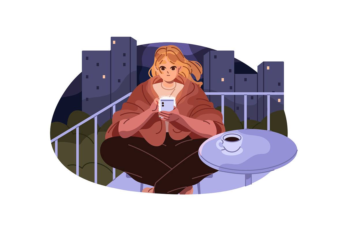People use gadgets at night set, a Person Illustration by PaperTrident (Photo 3 of 9)