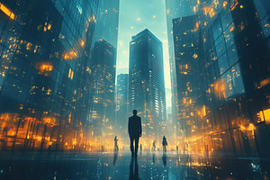 A futuristic cityscape at dusk, featuring tall skyscrapers with glowing lights., a Person Photo by Textures & Backgrounds