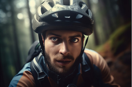 Extremally biker forest. Generate AI, a Sports & Recreation Photo by Ylivdesign