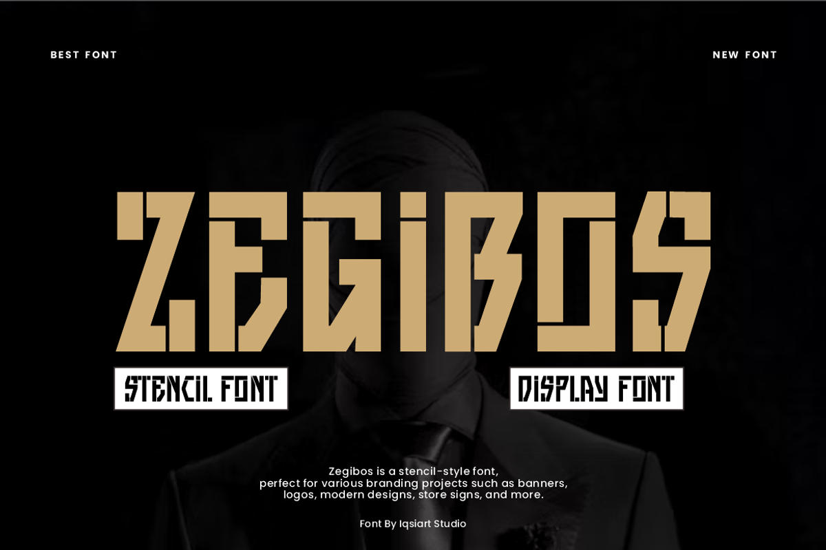 Zegibos - Stencil Font, a Sans Serif Font by Iqsiart Studio (Photo 1 of 7)
