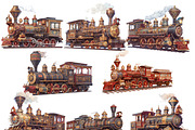 Watercolor Vector Steampunk Trains, a Transportation Illustration by Design Scotch (Thumbnail 2 of 7)