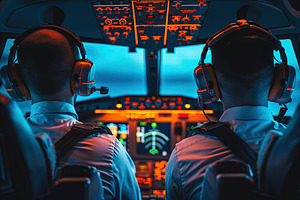 Airplane cabin with pilots piloting a passenger airliner, a Transportation Photo by AlyaAnd