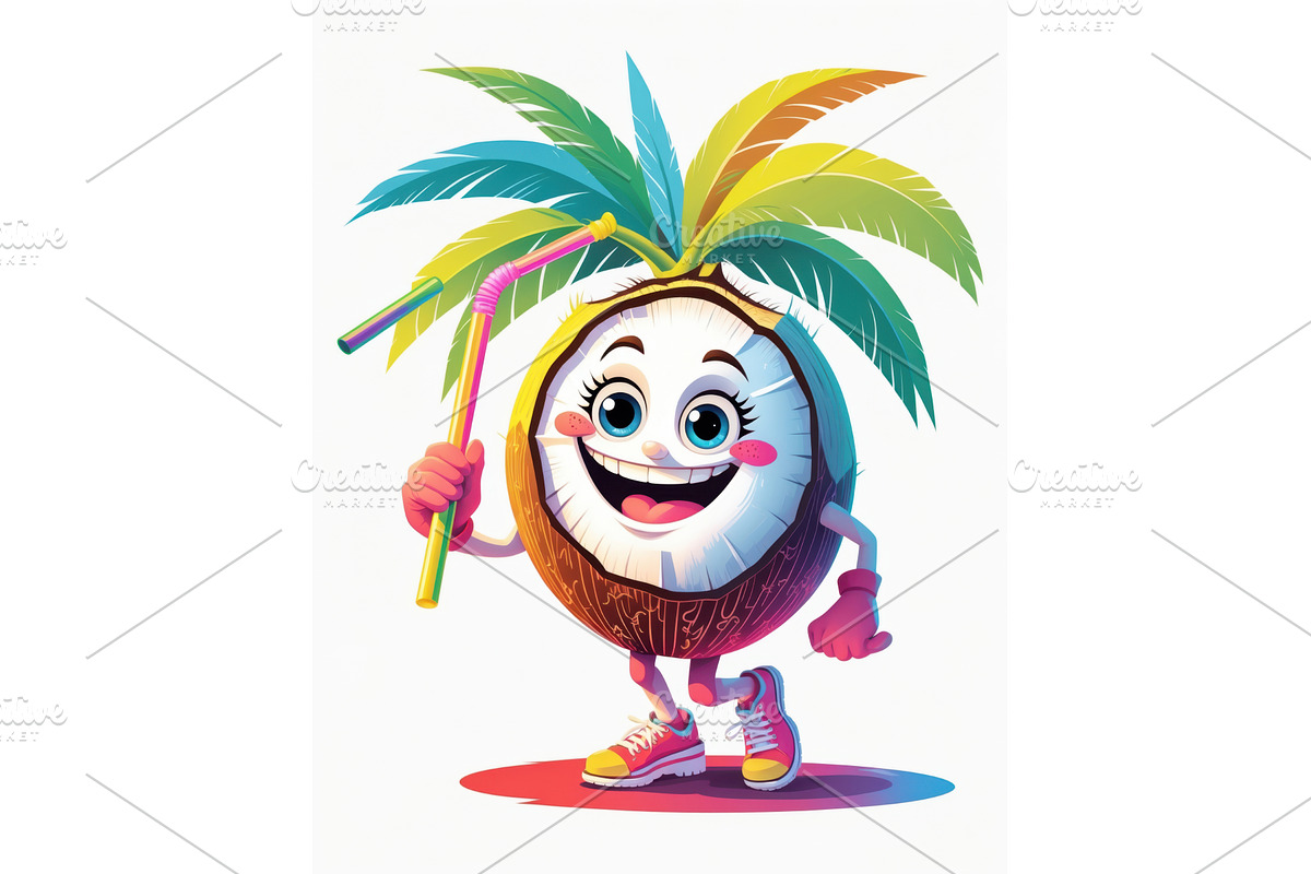 Cheerful coconut character with palm, an Illustration by tilialucida