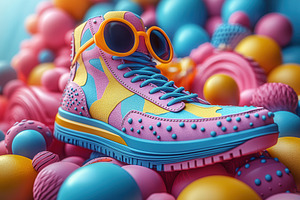 Colorful sneaker design placed among, a Photo by Tanuart