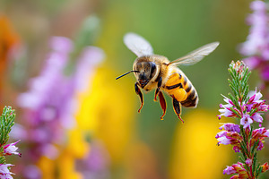 Honeybee in flight approaching vibrant wildflowers in a sunny garden setting, a Photo by AlyaAnd