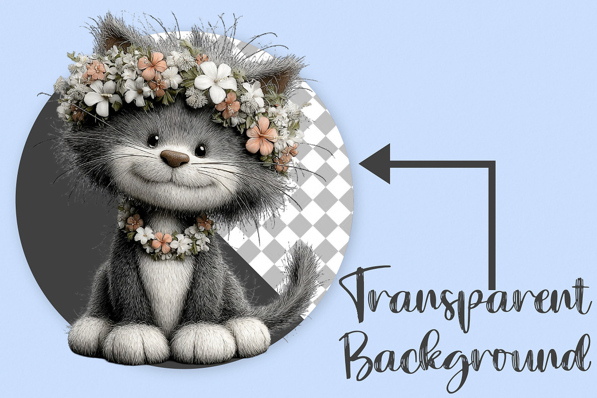 Whimsical Summer Gray Cat Clipart, an Illustration by Canvas Craft (Photo 2 of 7)