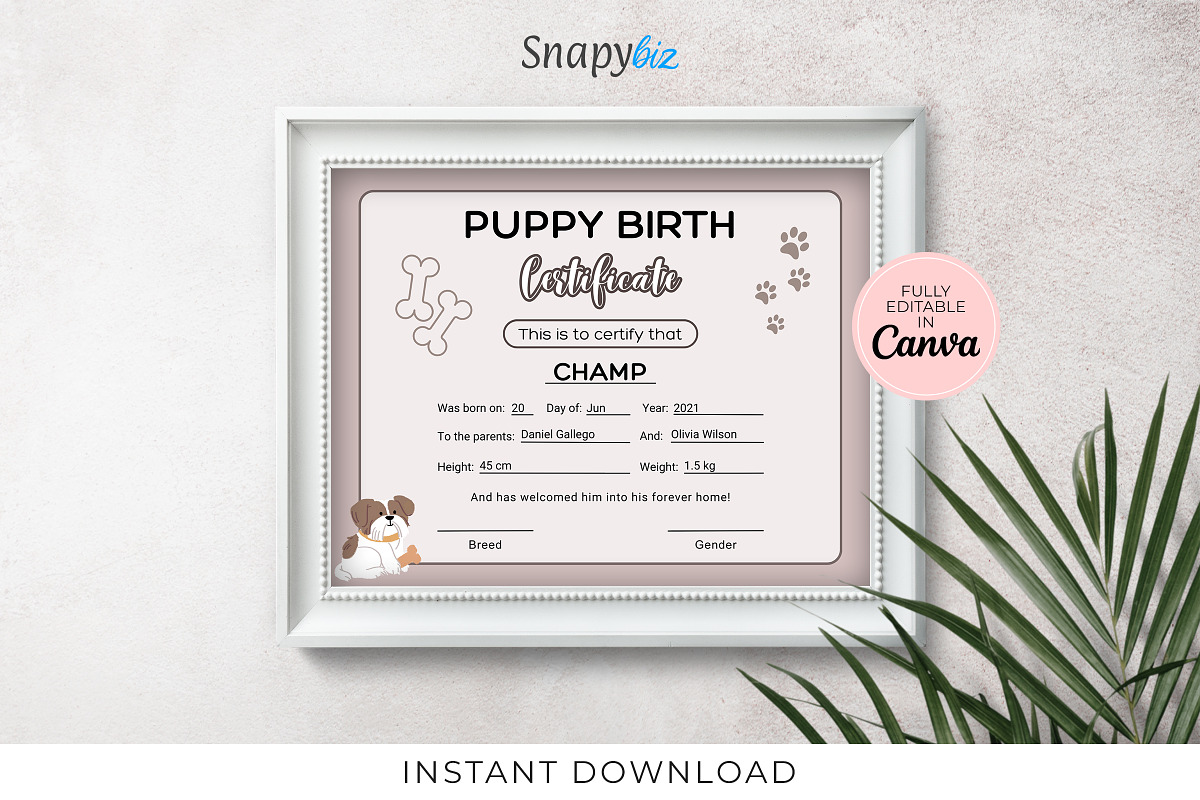 Editable Puppy Birth Certificate, a Print Template by Snapybiz (Photo 1 of 11)