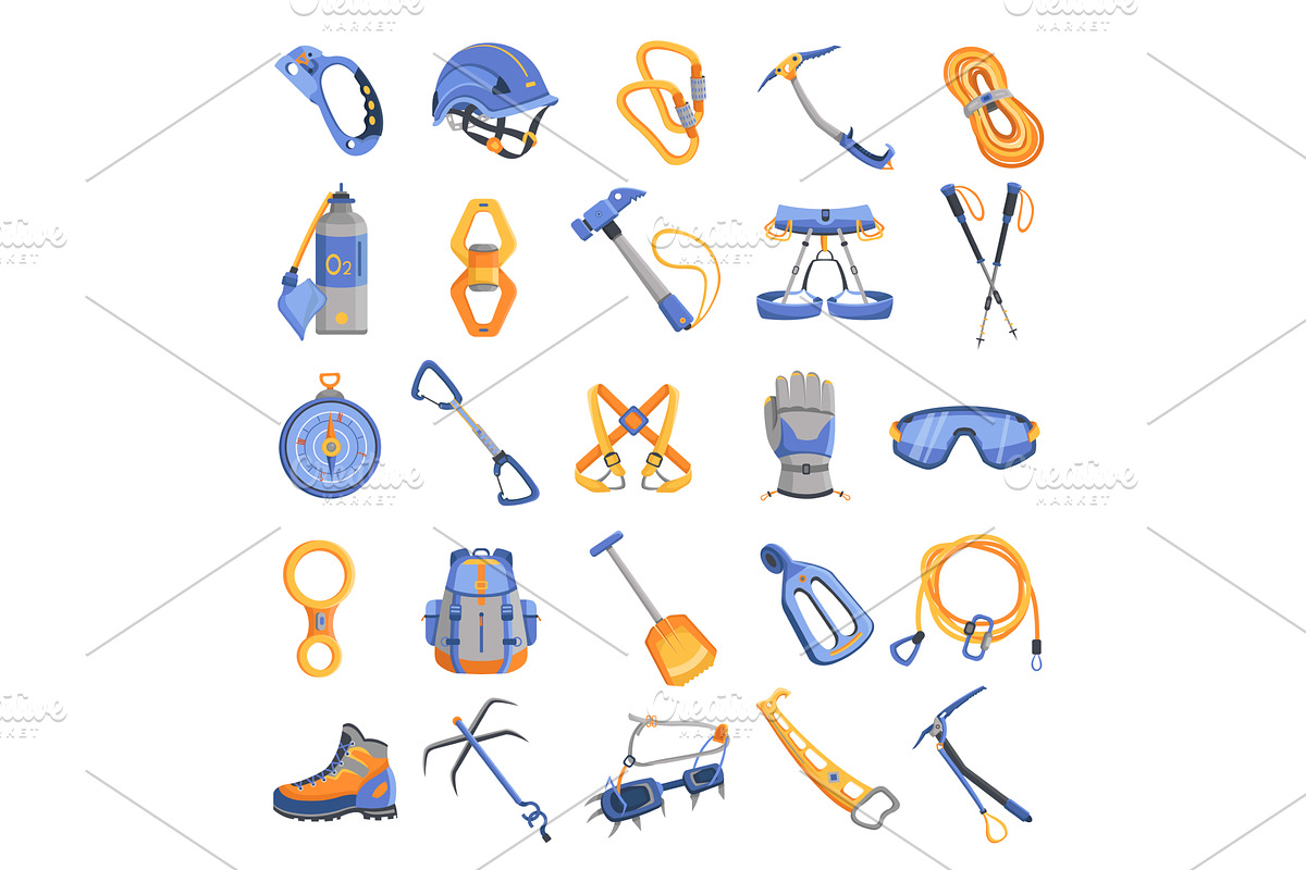 Mountaineering equipment icons set, an Illustration by Ylivdesign