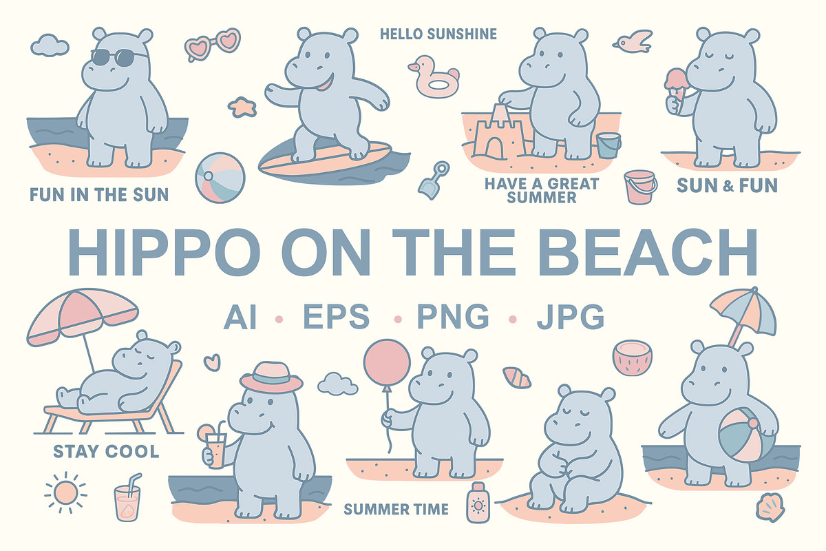 Hippo Beach Days — Clipart Bundle, an Animal Illustration by Mariia Kovalchuk (Photo 1 of 13)