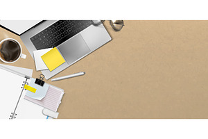 Office desk top view with laptop and, a Technology Illustration by art PVP - market