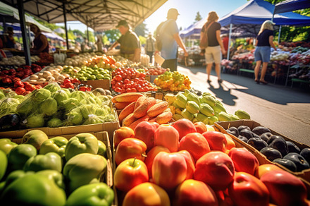 A shopper exploring a bustling farmers market, surrounded by fre, a Person Photo by designvectx