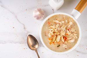 Cheese creamy chicken vegetable soup, a Food & Drink Photo by Rimma
