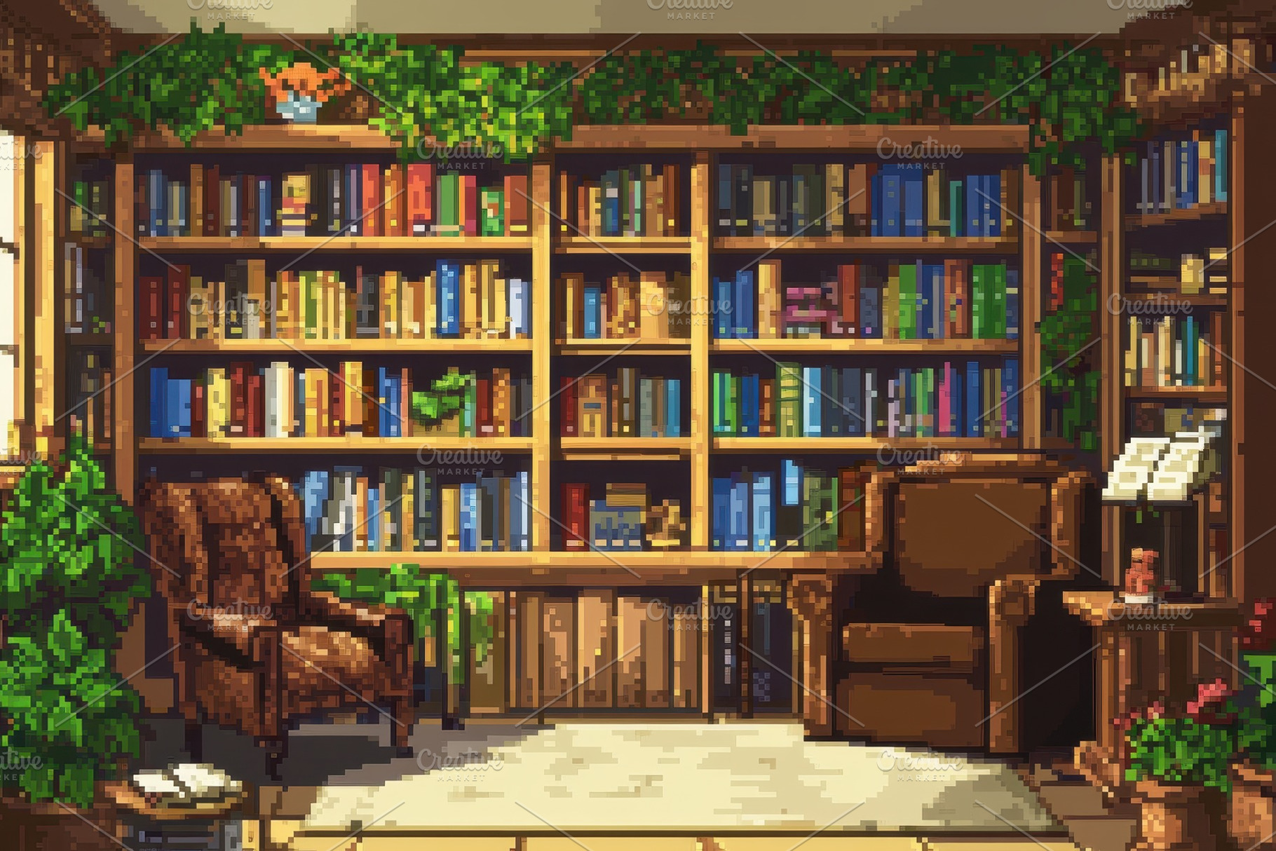 Cozy pixel art library filled, a Photo by Pavel_design