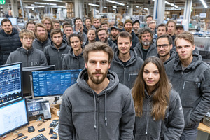 Large group portrait in a modern industrial workspace with computer monitors, an Industrial Photo by AS photostudio