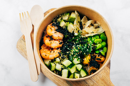 Shrimp poke bowls with seaweed, avocado, mango, cucumber, rice, pickled ginger,, a Food & Drink Photo by Anikona