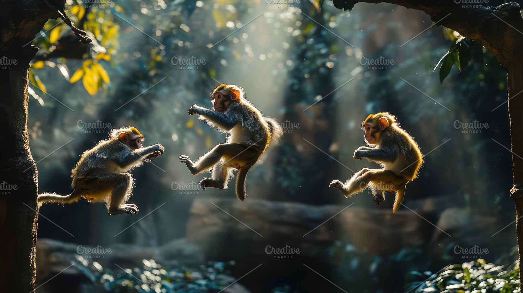 Monkeys in mid-air, leaping through, an Animal Photo by Pixeness Studio