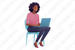 Woman Using Laptop Computer Cartoon, a Person Illustration by Christos Georghiou