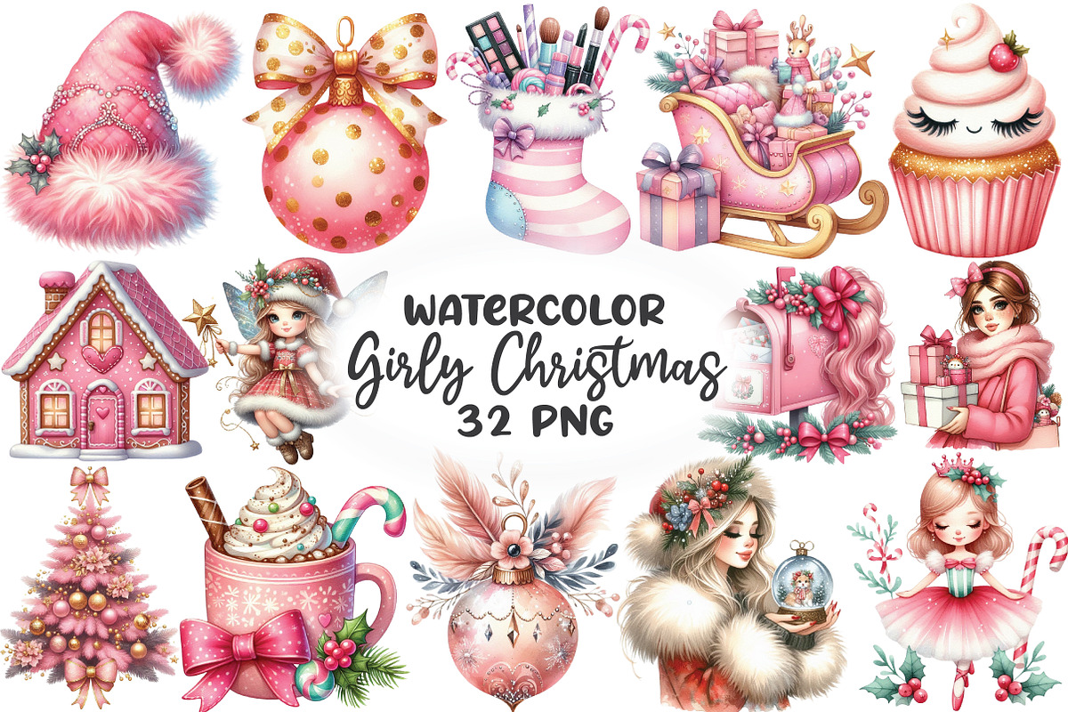 Girly Christmas Watercolor Clipart, an Illustration by CraftArtStudio (Photo 1 of 6)