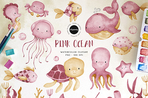 Pink Ocean Animals Clipart
