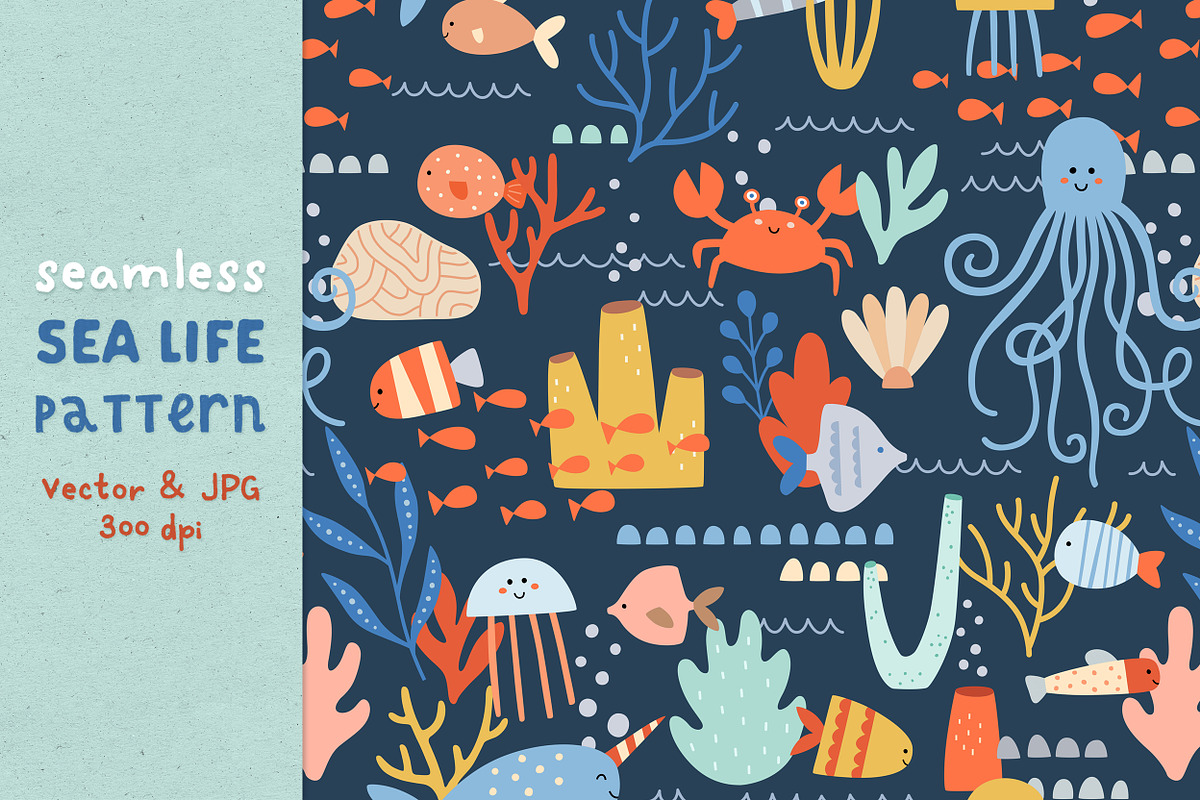 Sea Life - Vector Seamless Pattern, a Pattern Graphic by Kenna Sato Designs (Photo 1 of 2)