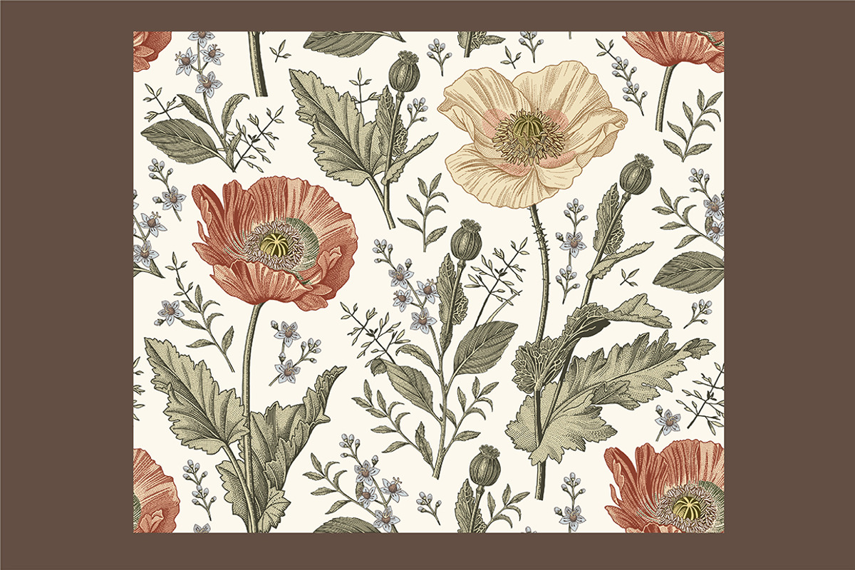 Seamless Set Flowers Poppy Poppies, a Pattern Graphic by Vintage (Photo 2 of 11)