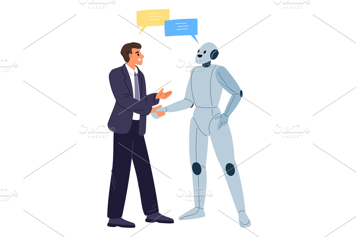 Robot and businessman shake hands, a Person Illustration by Vectorbuum
