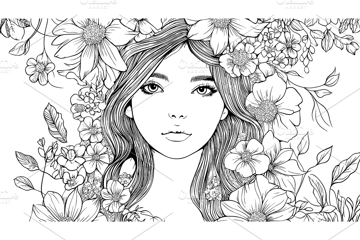 Girl in flowers coloring page, an Illustration by Valerie Bodnar