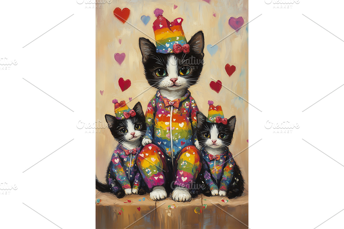 Rainbow Texudo Cat in Party Pajamas, an Animal Illustration by Art Paradise Studios