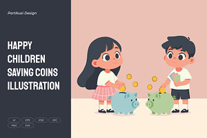 Happy Children Saving Coins, a Person Illustration by Partikusi Design