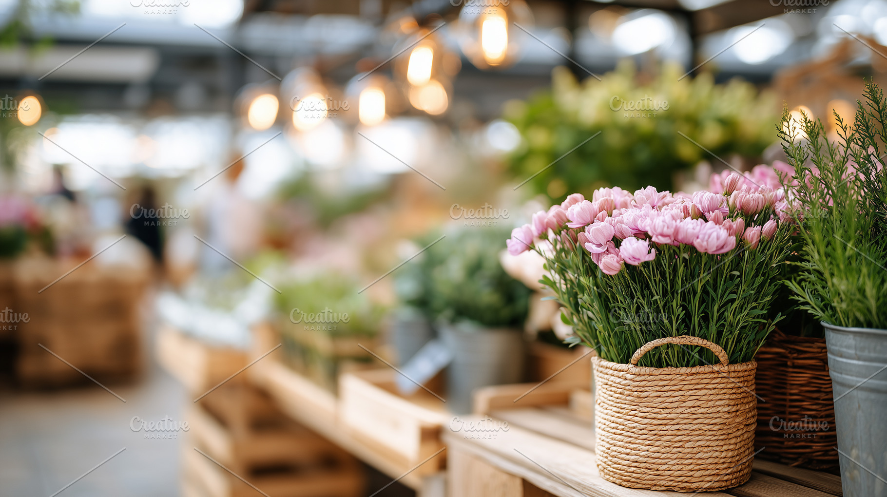 Pink flowers in a woven basket on, a Nature Photo by MistyDay