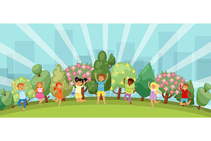 Happy kids jumping in summer park