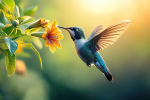 Hummingbird approaching yellow flowe, an Animal Photo by Pixeness Studio
