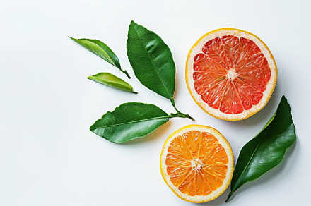 Fresh and tasty grapefruits with green leaves on white background, a Food & Drink Photo by AlyaAnd
