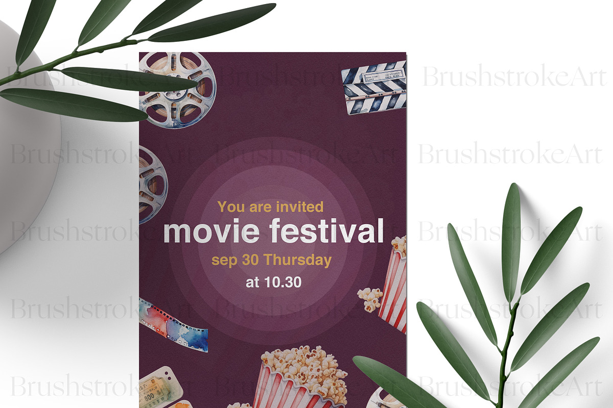 Watercolor Movie, Theatre, Popcorn, a Decorative Illustration by BrushstrokeArtGB (Photo 8 of 9)