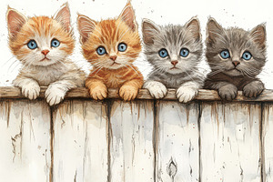 Four adorable kittens peek over a wo, a Food & Drink Photo by Pixeness Studio