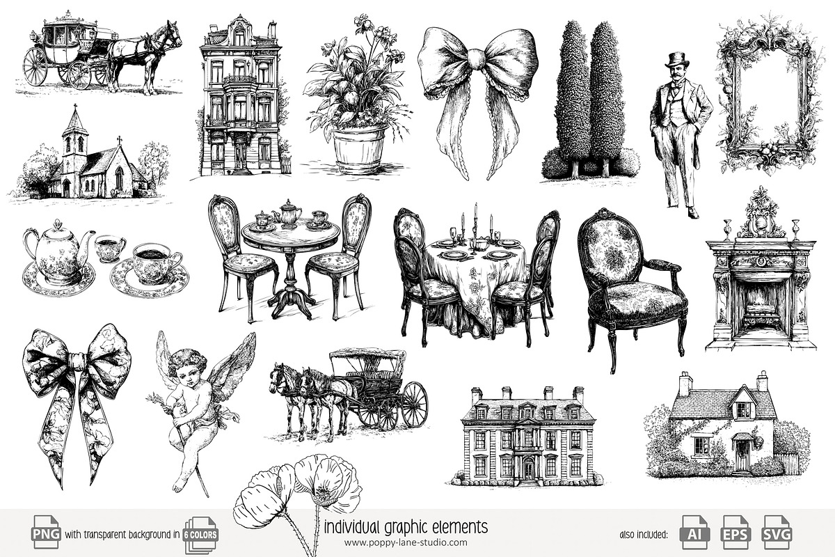 100 line art Victorian Era clip art, an Object Illustration by Poppy Lane Studio (Photo 7 of 13)