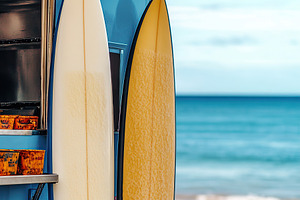 Surfboards by the beach with a food truck parked under a clear sky, a Sports & Recreation Photo by AlyaAnd