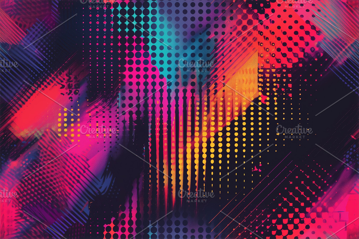 Seamless vibrant abstract halftone glitch background featuring a mix of bright, a Background Graphic by Textures & Backgrounds