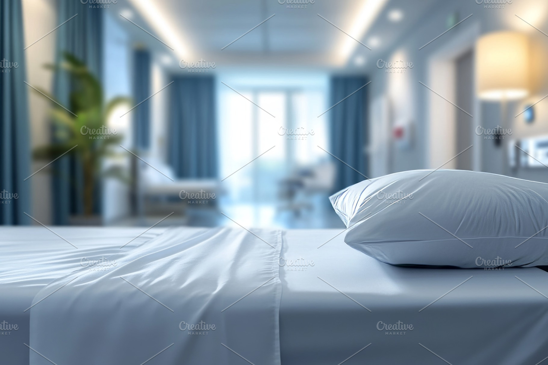 A neatly made hospital bed with a crisp white pillow and sheet, creating a calm, a Background Photo by ImageMir