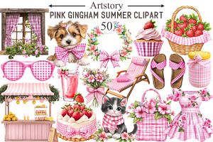 Bohemian Pink Gingham Summer Clipart, an Illustration by designcity5