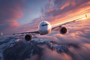 Airplane flying above clouds sunset, a Photo by Pixeness Studio