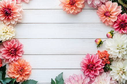 Vibrant arrangement of pink, orange, and white dahlia flowers on a rustic woode, a Nature Photo by AlyaAnd