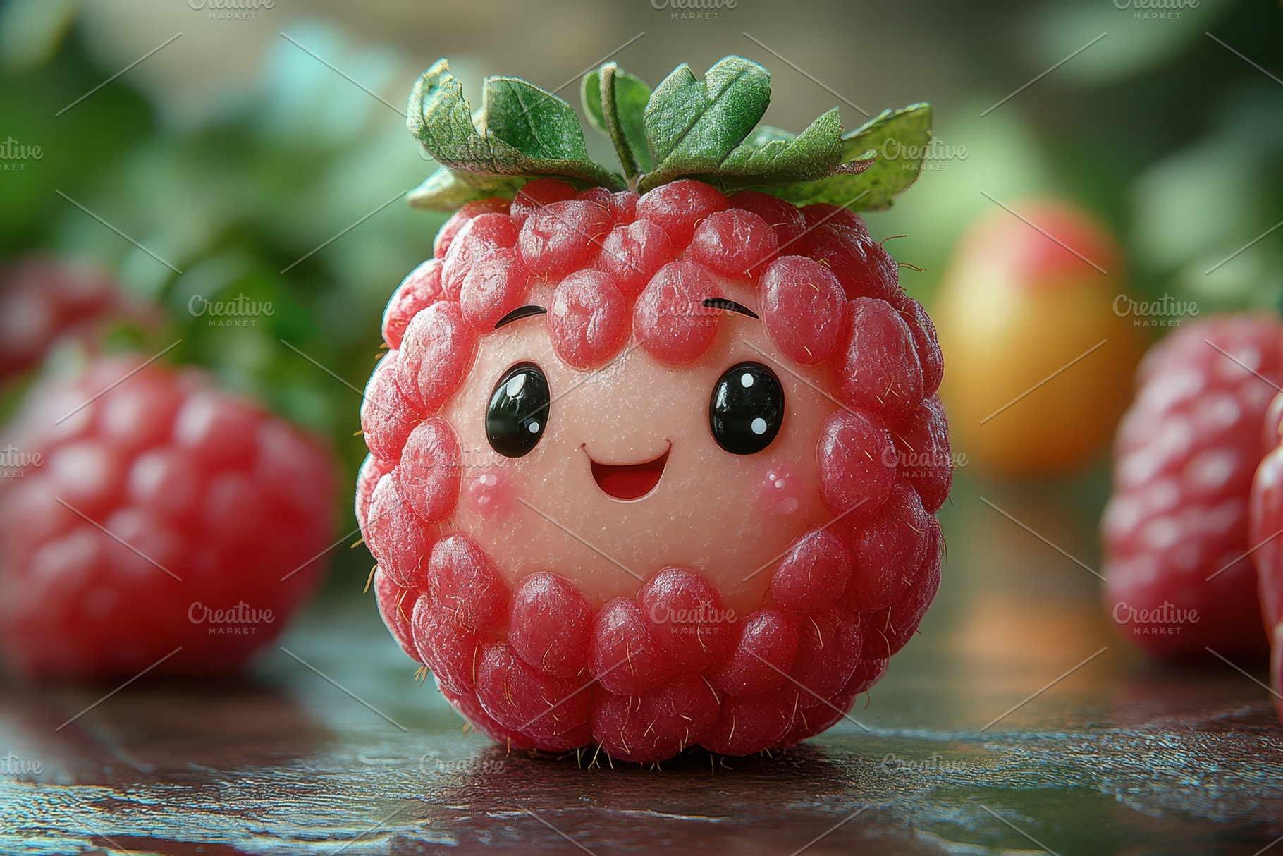 Cute raspberry character with a happ, a Photo by Tanuart