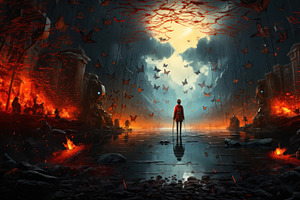 Fantasy Scene With A Girl In The Dark Forest With Butterflies. D