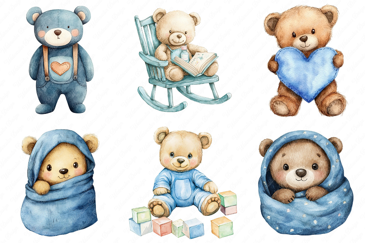 Cute Blue Teddy bear clipart, an Illustration by Watercolor design (Photo 4 of 12)
