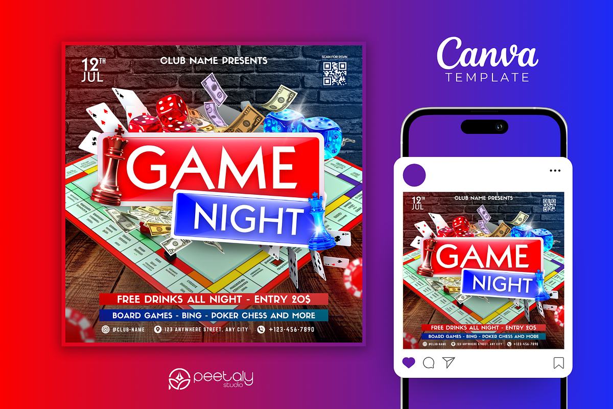 Game Night Flyer Canva Template, a Flyer Template by PeetalyStudioDesigns (Photo 1 of 5)
