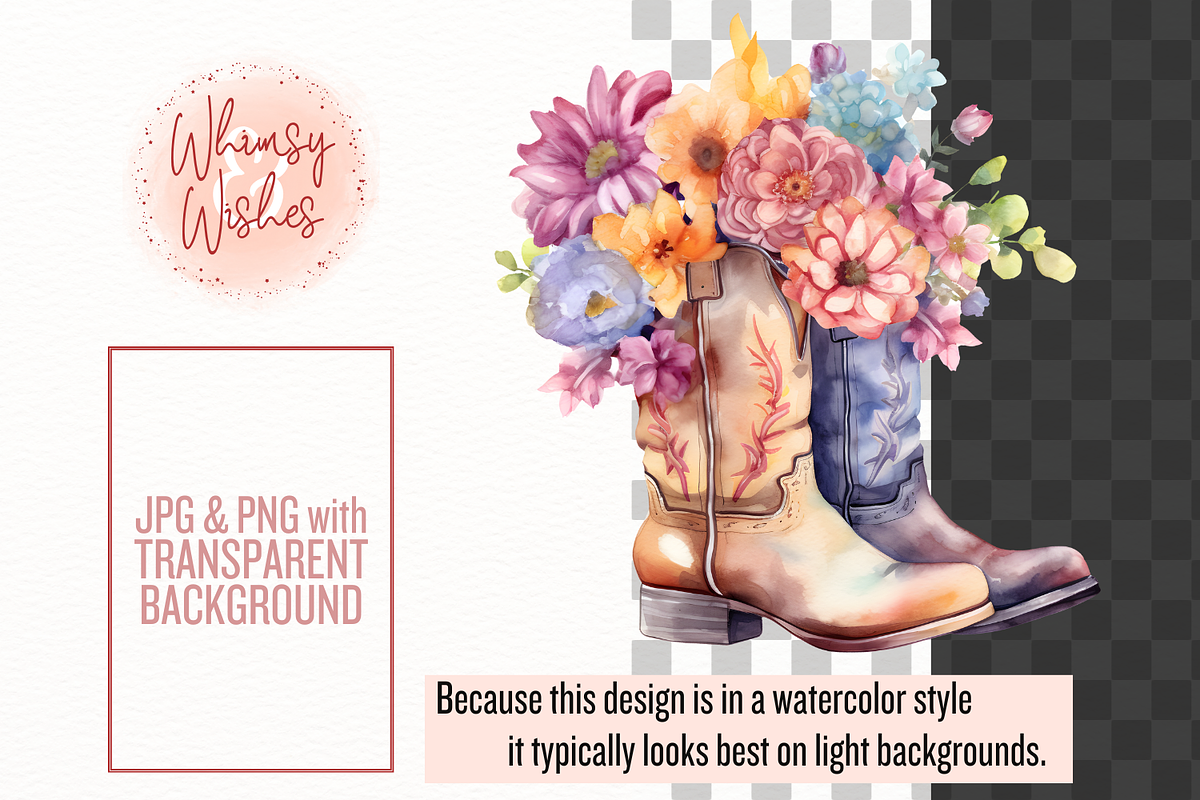Floral Cowboy Boots Watercolor, a Decorative Illustration by Whimsy & Wishes (Photo 2 of 7)